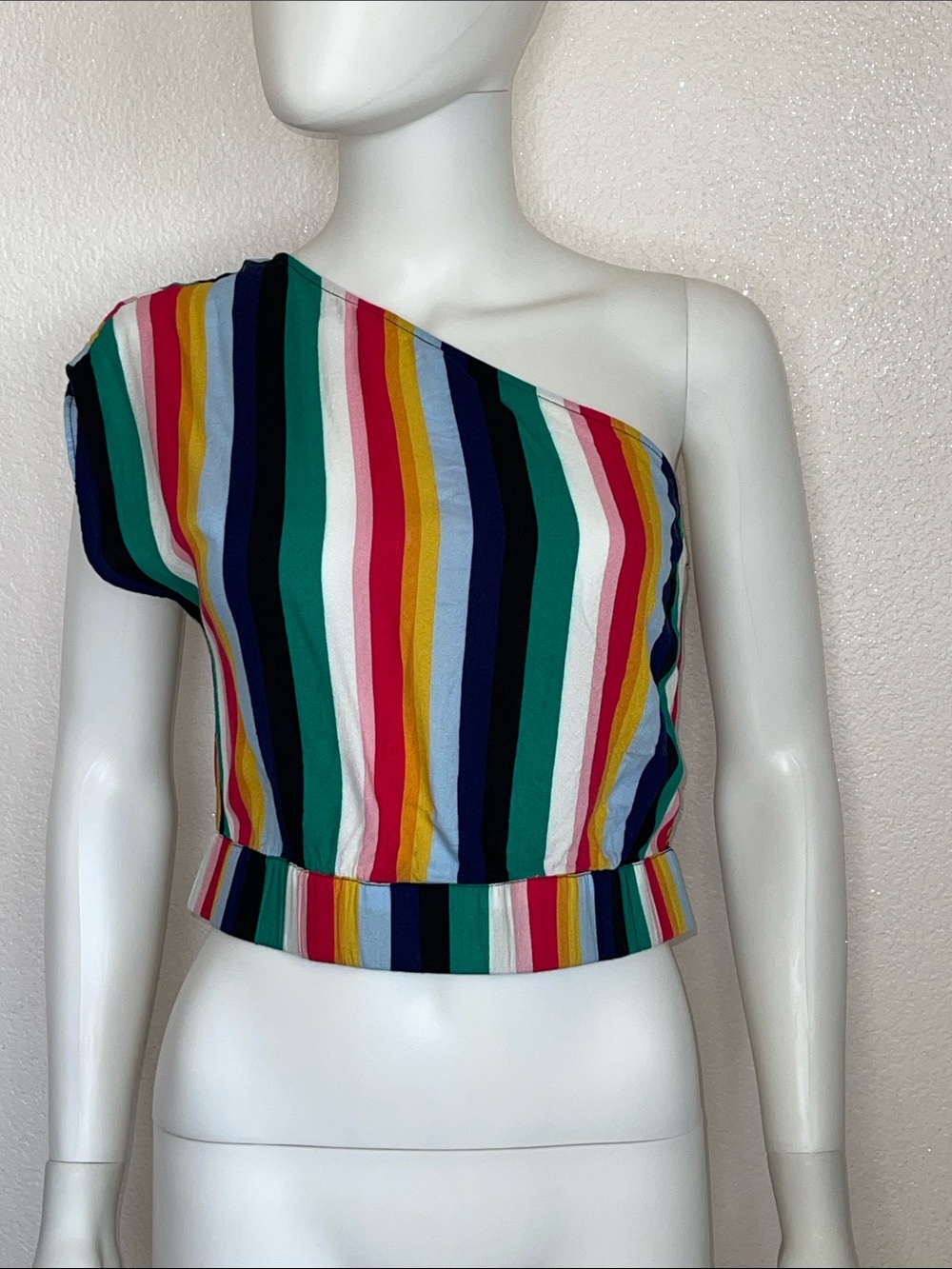 Jack by BB Dakota One-Shoulder Rainbow Striped Crop Top